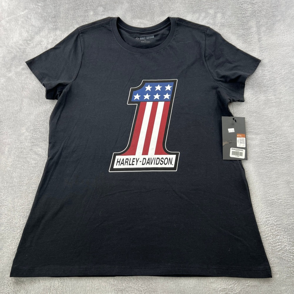 Harley-Davidson #1 American Flag Graphic Tee XL Black Women Biker Moto Shirt